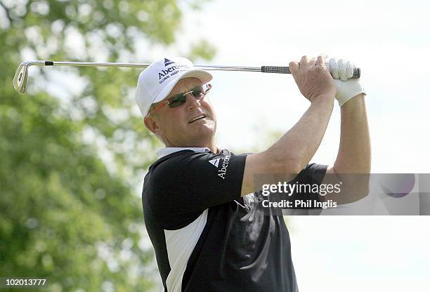 Sandy Lyle of Scotland in action during the second round of the Handa Irish Senior Open presented by Borde Failte, played at the Montgomerie Course,...