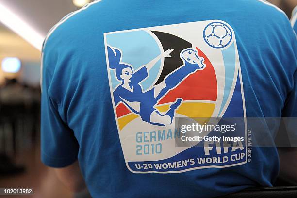 The official WM logo seen on a t-shirt during the FIFA Women's U20 World Cup 2010 Kick Off Volunteers event at the Schueco Arena on June 12, 2010 in...