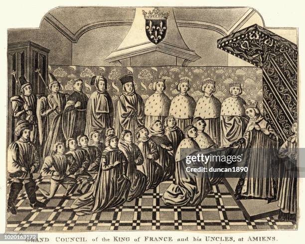 grand council of the king of france at amiens 14th century - charles v of france stock illustrations
