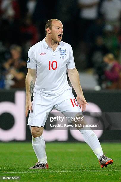 Wayne Rooney of England reacts during the 2010 FIFA World Cup South Africa Group C match between England and USA at the Royal Bafokeng Stadium on...