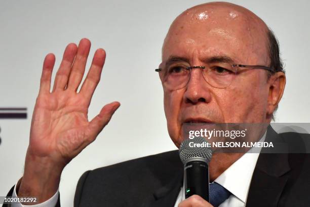 Brazilian Presidential candidate for the Brazilian Democratic Movement Party , Henrique Meirelles speaks during an infrastructure forum in Sao Paulo,...