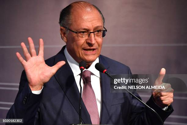 Brazilian presidential candidate for the Brazilian Social Democratic Party , Geraldo Alckmin speaks during an infrastructure forum in Sao Paulo,...