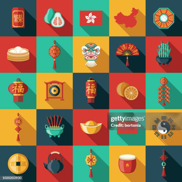 china-flaches design-icon-set - feng shui stock-grafiken, -clipart, -cartoons und -symbole