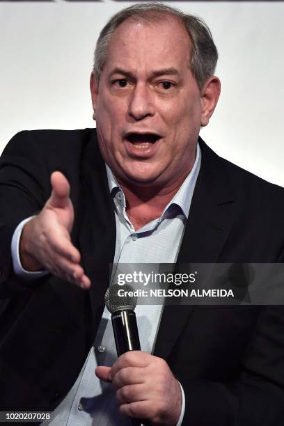 Brazilian presidential candidate for the Democratic Labour Party , Ciro Gomes speaks during an infrastructure forum in Sao Paulo, Brazil, on August...