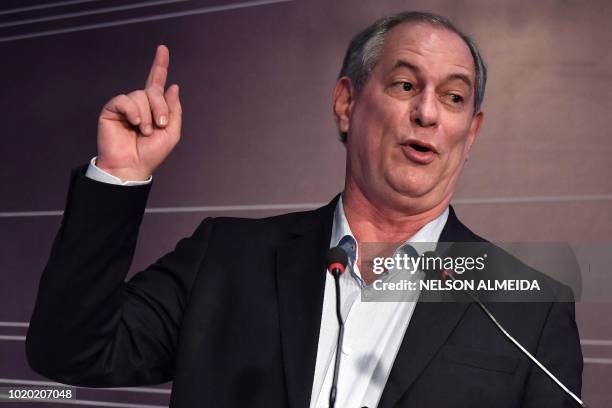 Brazilian presidential candidate for the Democratic Labour Party , Ciro Gomes speaks during an infrastructure forum in Sao Paulo, Brazil, on August...