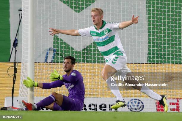 Sebastian Ernst of Fuerth celebrates scoring the opning goal during the DFB Cup first round match between SpVgg Greuther Fuerth and BVB Borussia...