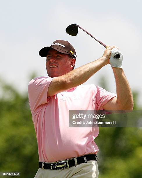 Robert Garrigus of the United States watches his tee shot on the 9th hole during the third round of the St. Jude Classic at TPC Southwind held on...