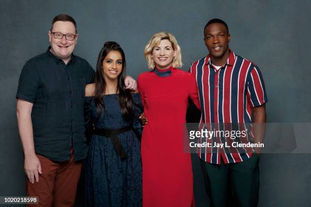 Chris Chibnall , actors Mandip Gill, Jodie Whittaker and Tosin Cole from 'Doctor Who' are photographed for Los Angeles Times on July 21, 2018 in San...