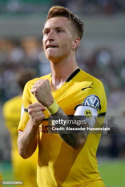 Marco Reus of Dortmund celebrates scoring the winning goal during the DFB Cup first round match between SpVgg Greuther Fuerth and BVB Borussia...