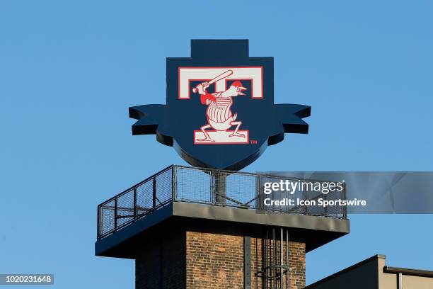 General view of the rotating Toledo Mud Hens sign atop of the stadium is seen during a regular season game between the Lehigh Valley IronPigs and the...