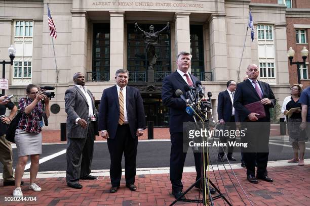 Attorneys for former Trump campaign chairman Paul Manafort, Kevin Downing speaks to members of the media as Richard Westling and Thomas Zehnle listen...