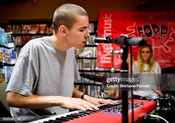 Ewan Merrett of Bad Sounds performs live and signs copies of their debut album 'Get Better' during an instore session at Fopp Manchester on August...