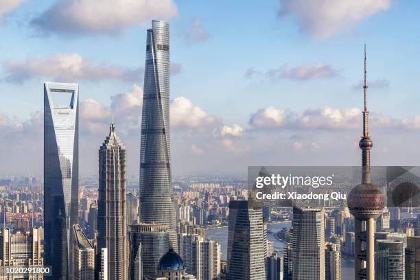 elevated view of shanghai lujiazui at dusk - shanghai imagens e fotografias de stock