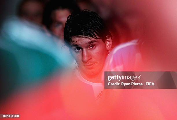 Lionel Messi of Argentina looks on from the tunnel as the teams prepare to enter the field during the 2010 FIFA World Cup South Africa Group B match...