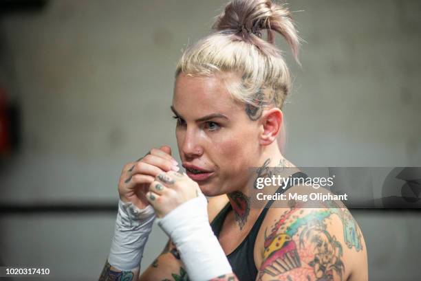 Australian UFC veteran and bare knuckle fighter Bec Rawlings demonstrates moves at City of Angels Boxing Club on August 16, 2018 in Los Angeles,...