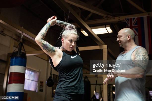 Australian UFC veteran and bare knuckle fighter Bec Rawlings warms up at City of Angels Boxing Club on August 16, 2018 in Los Angeles, California.