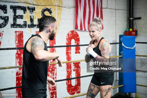 Australian UFC veteran and bare knuckle fighter Bec Rawlings and Adrian Rodriguez demonstrate bare knuckle boxing moves at City of Angels Boxing Club...