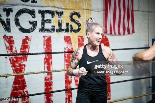 Australian UFC veteran and bare knuckle fighter Bec Rawlings and Adrian Rodriguez demonstrate bare knuckle boxing moves at City of Angels Boxing Club...