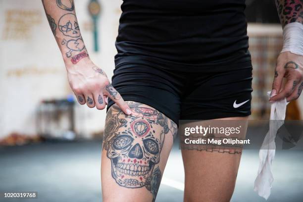 Australian UFC veteran and bare knuckle fighter Bec Rawlings answers media questions about her tattoos at City of Angels Boxing Club on August 16,...