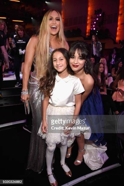 Jennifer Lopez, daughter Emme and Camila Cabello pose during the 2018 MTV Video Music Awards at Radio City Music Hall on August 20, 2018 in New York...