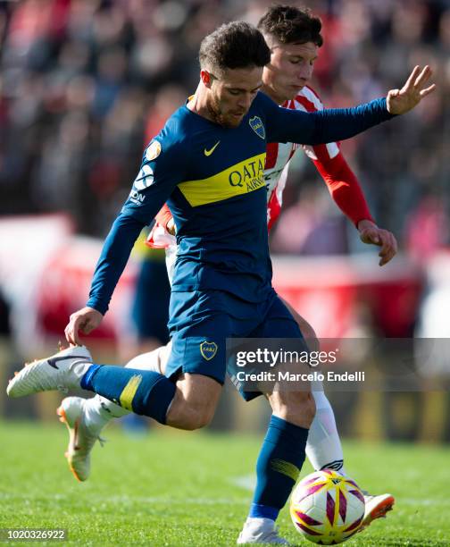 Nahitan Nandez of Boca Juniors kicks the ball during a match between Estudiantes and Boca Juniors as part of Superliga Argentina 2018/19 at Estadio...