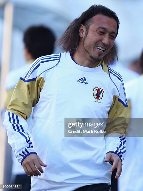 Marcus Tulio Tanaka laughs during a Japan training session at Free State Stadium on June 13, 2010 in Bloemfontein, South Africa.