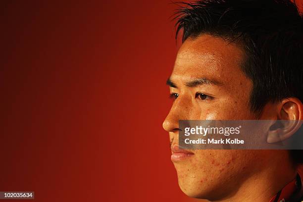 Makoto Hasebe listens to questions during a press conference after the Japan training session at Free State Stadium on June 13, 2010 in Bloemfontein,...