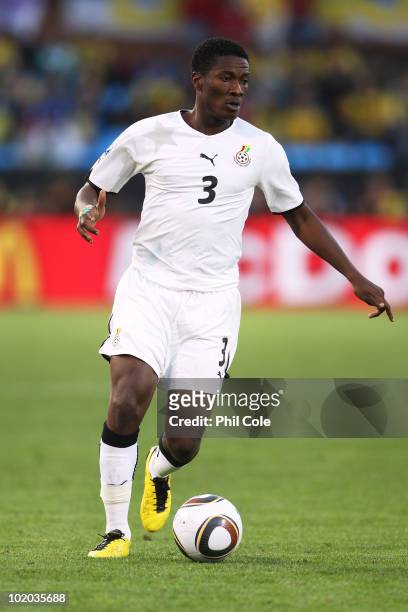 Asamoah Gyan of Ghana in action during the 2010 FIFA World Cup South Africa Group D match between Serbia and Ghana at Loftus Versfeld Stadium on June...
