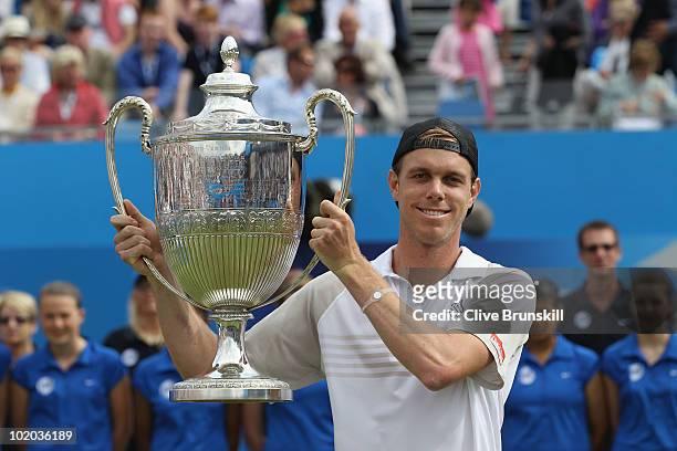 Sam Querrey of USA celebrates winning his men's final match against Mardy Fish of USA on Day 7 of the the AEGON Championships at Queen's Club on June...
