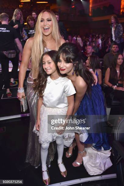 Jennifer Lopez, Emme Maribel Muñiz and Camila Cabello attend the 2018 MTV Video Music Awards at Radio City Music Hall on August 20, 2018 in New York...