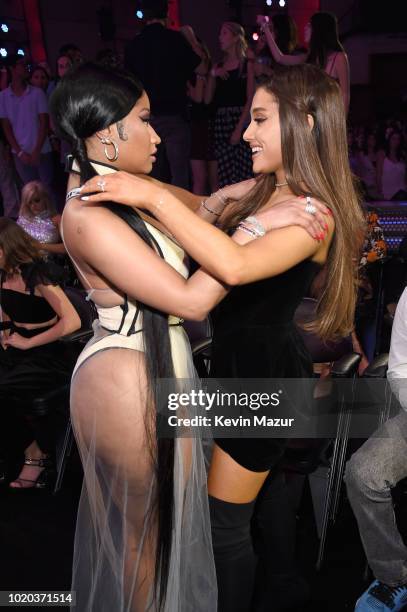 Nicki Minaj and Ariana Grande inside the 2018 MTV Video Music Awards at Radio City Music Hall on August 20, 2018 in New York City.
