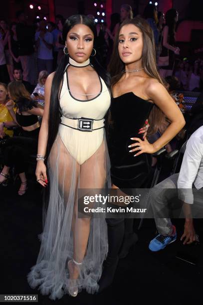 Nicki Minaj and Ariana Grande inside the 2018 MTV Video Music Awards at Radio City Music Hall on August 20, 2018 in New York City.