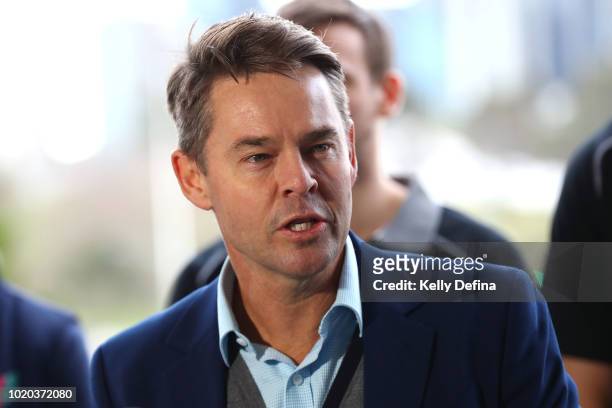 Todd Woodbridge, 22-time Grand Slam champion speaks to media during the Melbourne Arena naming announcement at Melbourne Park on August 21, 2018 in...