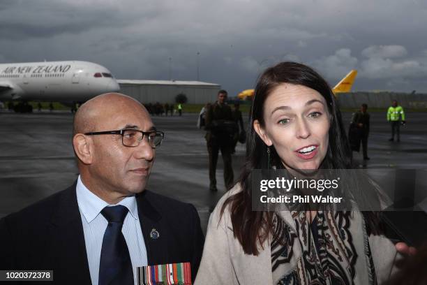 Prime Minister Jacinda Arden and Minister for Veterans Ron Mark speak to the media after the remains of New Zealand Defence Force personnel...