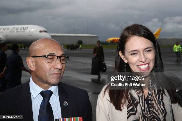 Prime Minister Jacinda Arden and Minister for Veterans Ron Mark speak to the media after the remains of New Zealand Defence Force personnel...