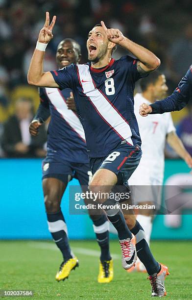 Clint Dempsey of the United States celebrates his goal during the 2010 FIFA World Cup South Africa Group C match between England and USA at the Royal...