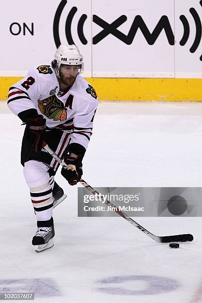 Duncan Keith of the Chicago Blackhawks handles the puck against the Philadelphia Flyers in Game Six of the 2010 NHL Stanley Cup Final at the Wachovia...