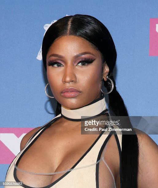 Rapper Nicki Minaj poses in the press room at the 2018 MTV Video Music Awards at Radio City Music Hall on August 20, 2018 in New York City. At Radio...
