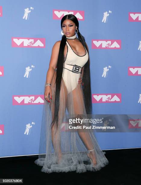 Rapper Nicki Minaj poses in the press room at the 2018 MTV Video Music Awards at Radio City Music Hall on August 20, 2018 in New York City. At Radio...
