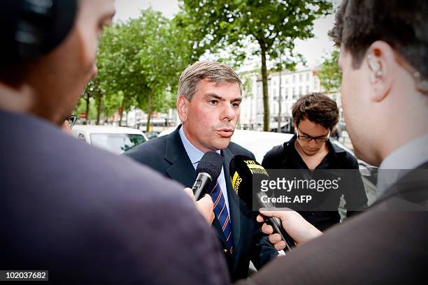 Vlaams Belang Flemish Parliament member Filip Dewinter talks to journalists as he arrives at the Flemish right wing party Vlaams Belang elections...