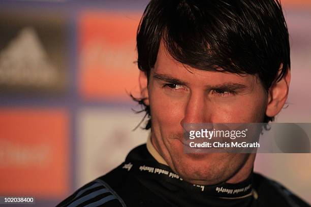 Lionel Messi of Argentina's national football team speaks to the media during a press conference on June 13, 2010 in Pretoria, South Africa.