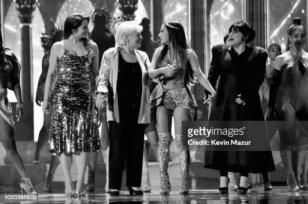 Lani Grande, Marjorie Grande, Ariana Grande, and Joan Grande pose onstage during the 2018 MTV Video Music Awards at Radio City Music Hall on August...