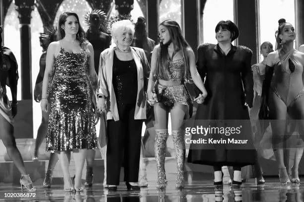 Lani Grande, Marjorie Grande, Ariana Grande, and Joan Grande pose onstage during the 2018 MTV Video Music Awards at Radio City Music Hall on August...