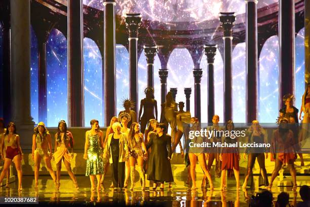 Lani Grande, Marjorie Grande, Ariana Grande, and Joan Grande take a bow onstage during the 2018 MTV Video Music Awards at Radio City Music Hall on...