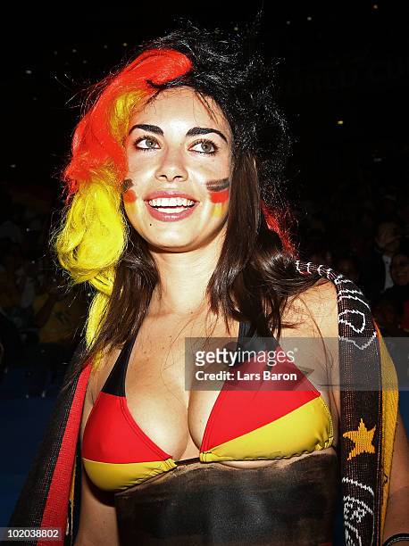 Germany fan shows her support prior to the 2010 FIFA World Cup South Africa Group D match between Germany and Australia at Durban Stadium on June 13,...