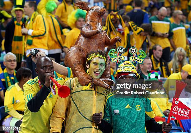 Australia and South Africa fans show their support prior to the 2010 FIFA World Cup South Africa Group D match between Germany and Australia at...