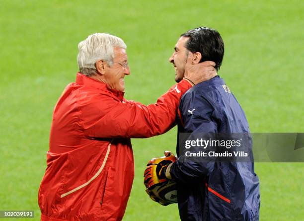 Head coach Marcello Lippi of Italy laughs with goalkeeper Gianluigi Buffon during an Italian training session at the 2010 FIFA World Cup on June 13,...