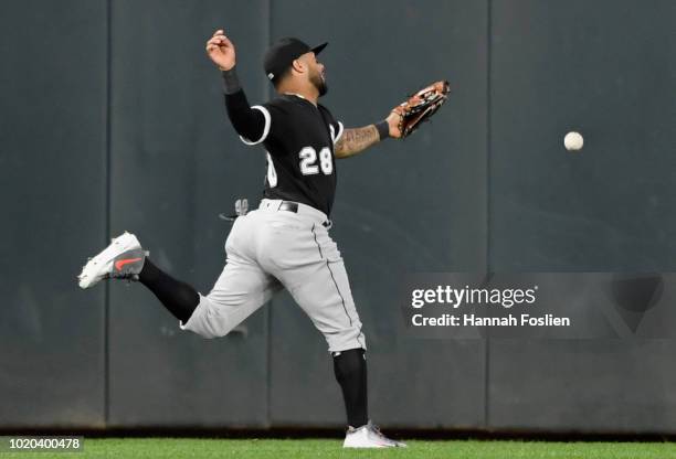 Leury Garcia of the Chicago White Sox is unable to catch a double by Mitch Garver of the Minnesota Twins during the fourth inning of the game on...