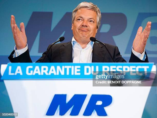 Mouvement Reformateur chairman Didier Reynders addresses the audience as he attends at the French-speaking liberal party MR elections meeting, on the...