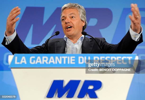 Mouvement Reformateur chairman Didier Reynders gestures as he attends at the French-speaking liberal party MR elections meeting, on the Federal...